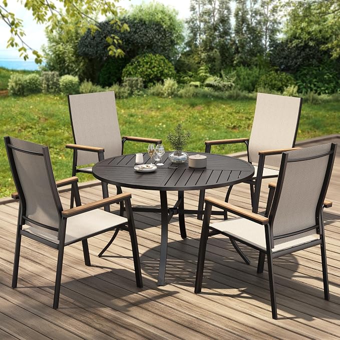 PHI VILLA Round Outdoor Dining Set for 4 with Aluminum Chairs, Beige | Stackbale chairs, Breathable & quick-drying sling, Light-weight & space-saving, Metal Table, Umbrella Hole, Patio deck
