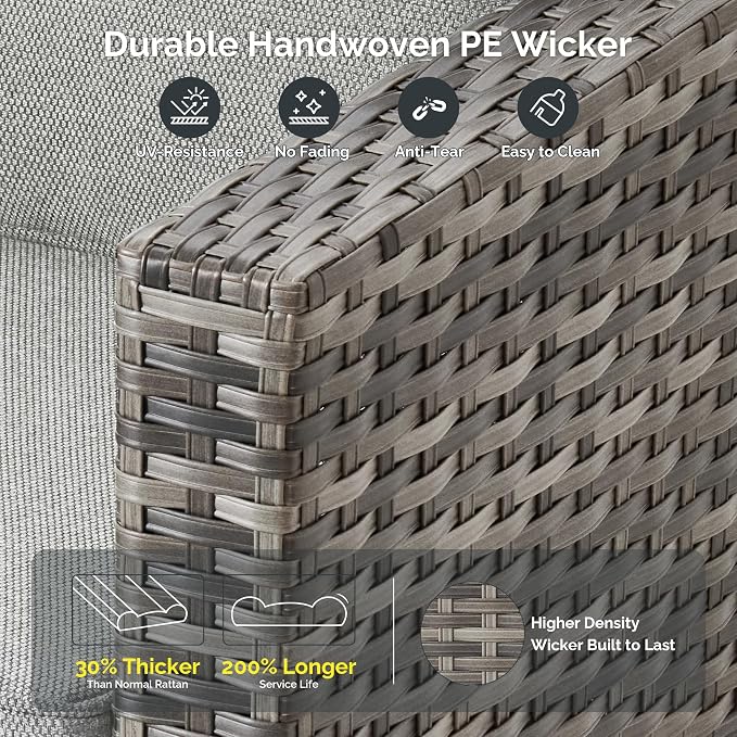 4 Piece Wicker Patio Furniture Set with Solar Table, Dark Gray | Outdoor Deep Seating Sofa Chair, Solar Lights Table, All Weather Rattan, Modern Conversation Set, Porch Deck Backyard