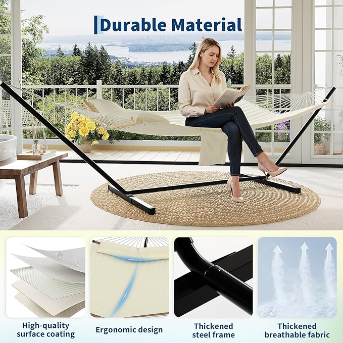 2 Person Outdoor Hammock with Stand, 450LBS Capacity, Heavy Duty Hammock with Carrying Bag & Soft Pillow, Portable Indoor Outdoor Hammock, Perfect for Backyard Patio Beach