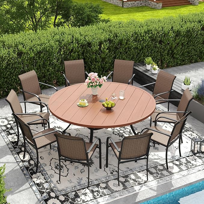 DIFY Patio Dining Set for 10, 11 Piece Outdoor Table and Chairs Set, 63" Walnut Round Metal Patio Dining Table and Brown Textilene Stackable Patio Chairs, for Backyard Garden Poolside