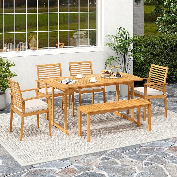 RELAX4LIFE 63’’ Wooden Outdoor Dining Table - Acacia Wood Rectangular Patio Table for 4-6 People w/Umbrella Hole & Slatted Tabletop, Farmhouse Furniture for Pool Backyard Garden Porch (U-Shaped Leg)