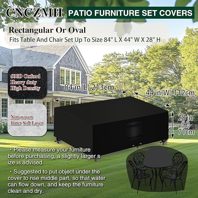 Heavy Duty Patio Furniture Covers Waterproof, 600D Outdoor Furniture Cover Waterproof for Sectional Sofa Couch, Outdoor Dining Table and Chair Set Covers 84''L x 44''W x 28''H, Black