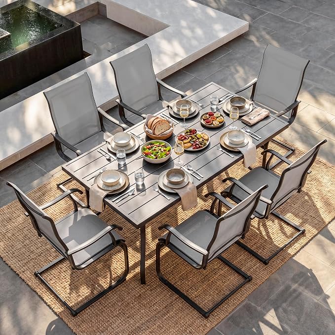 NUU GARDEN 7 Piece Patio Dining Set for 6 with C-Spring Chairs | Rectangular table with umbrella hole and 6 breathable Textilene chairs featuring gentle C-spring motion and high backs