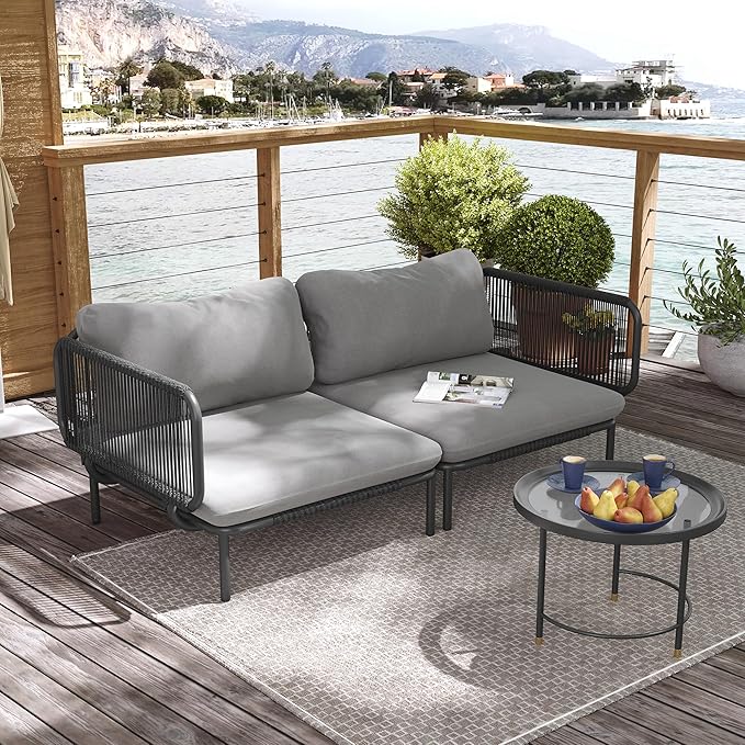 Patio Furniture Set, Outdoor Patio Furniture Oversized Metal Patio Sectional Sofa, 2-Seat Conversation Set with Cushion for Indoor and Outdoor, Black Frame & Dark Grey Mat (2 Seats 4 Armrests)