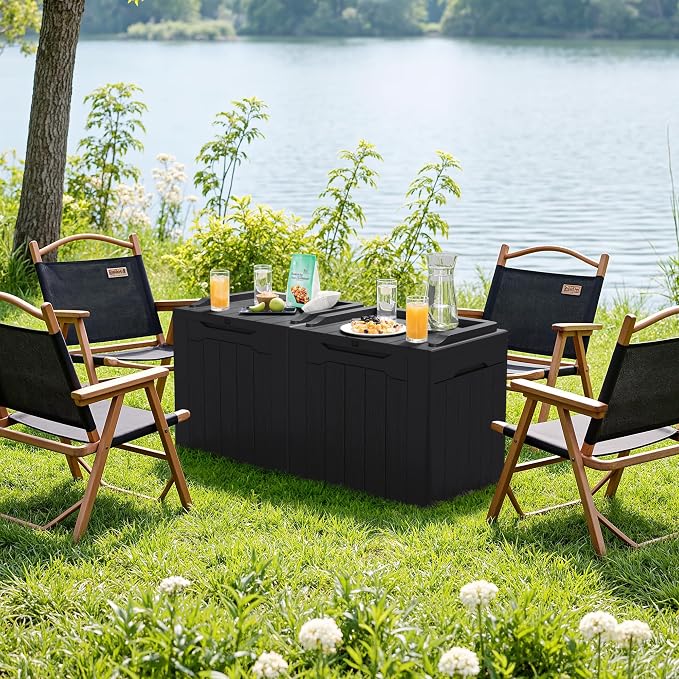 JUMMICO 31 Gallon Resin Deck Box Waterproof Indoor Outdoor Storage Boxes for Patio Furniture Cushions and Garden Tools (Black, 31gallon-2 Packs)