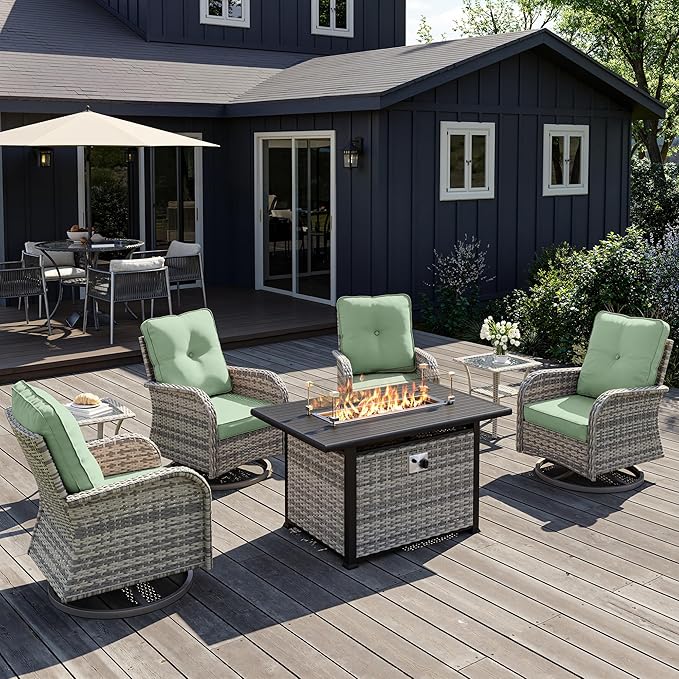 7Pcs Patio Rocking Swivel Chair with 55,000 BTU Fire Pit Table Outdoor Wicker Rattan Bistro Set with Tempered Glass Side Table, Outdoor Patio Furniture Set for Garden and Balcony, Light Green