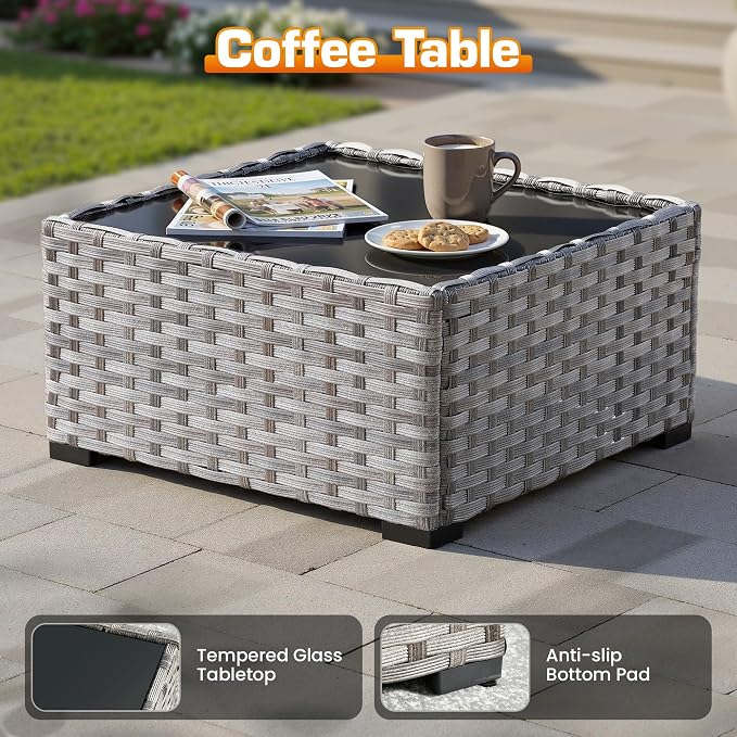 6 Pieces Patio Furniture Set, Outdoor Wicker Sectional Sofa with 7.7" Extra Wide Armrests, Modern Rattan Modular Conversation Set with Thickened Deep Seat Cushions & Coffee Table for Backyard, Black