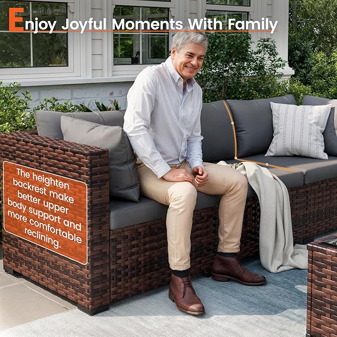 8 Piece Patio Furniture Set with 44" Fire Pit Table, Outdoor Sectional Wicker Rattan Sofa Set with Coffee Table (Grey/Brown)