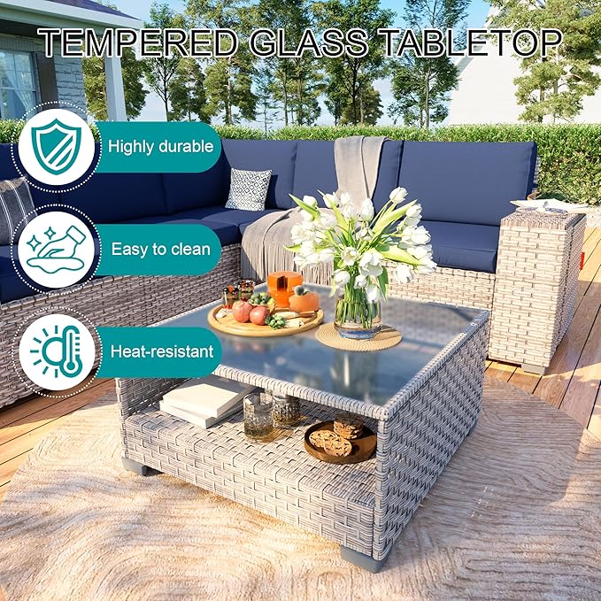 7-Piece Patio Furniture Set, Outdoor Patio Conversation Set with 60,000 BTU Fire Pit Table, PE Rattan Wicker Sectional Sofa with Large Capacity Seats,Widened Armrests, Extra High Backrest, Navy Blue