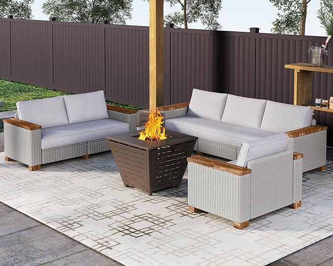 Patio Furniture Set, 6 Piece Wicker Patio Conversation Set with Wide Solid Wood Armrest, All Weather Outdoor Sectional Furniture with Wood Legs for Backyards, Porch, Poolside, Garden, Balcony