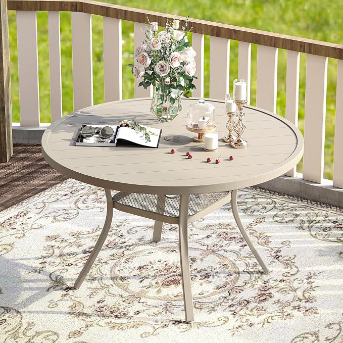 VICLLAX 47.2" Outdoor Round Patio Table for Lawn Garden, All Weather Metal Round Outdoor Dining Table with Adjustable Umbrella Hole, 6 Person Patio Table, Sandshell