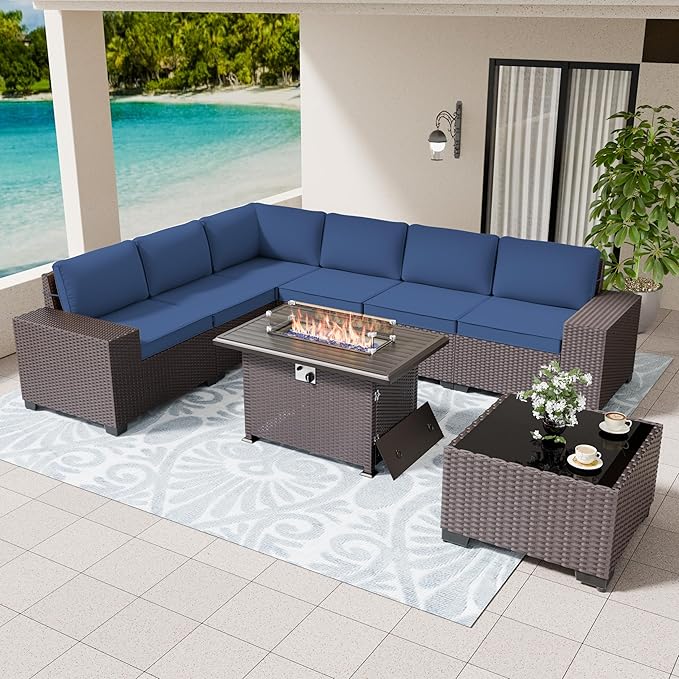 Patio Furniture Set Sofa 7-pcs Wicker Sectional Sofa Set with 55,000 BTU Gas Fireplace Table,Outdoor Furniture Rattan Sets with Tempered Glass Coffee Table