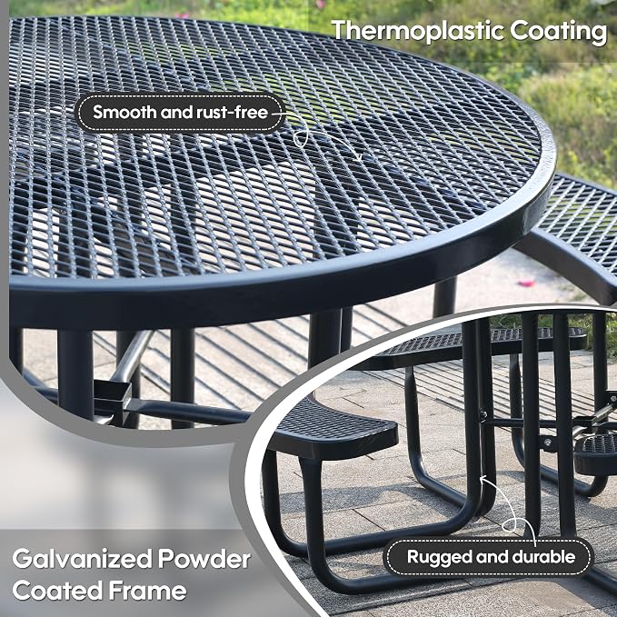 46" Round Picnic Tables for Outdoors,Commercial Metal Picnic Table Bench Set W/ Umbrella Hole,Restaurant School Canteen Tables W/Seats - Heavy Duty Sturdy Picnic Tables for Patio Garden Coffee Shop