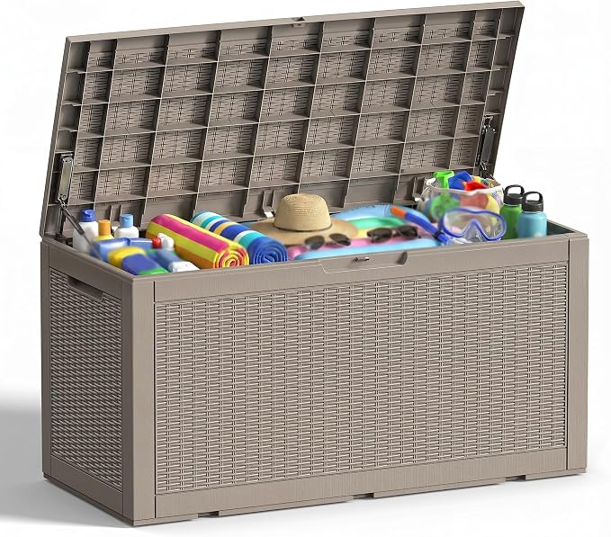 110 Gallon Outdoor Deck Storage Box, Weatherproof Rattan Weave Lockable Storage Bin for Backyard, Pool & Patio Large Outdoor Equipment Storage (Grey,110GAL-1)