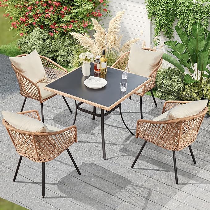35.2-Inch Square Outdoor Dining Table, Weather-Resistant Rattan & Steel Frame with Tempered Glass Top, 4-Person Patio Furniture for Garden, Balcony, Backyard, Modern Black Bistro Table(Only Table)