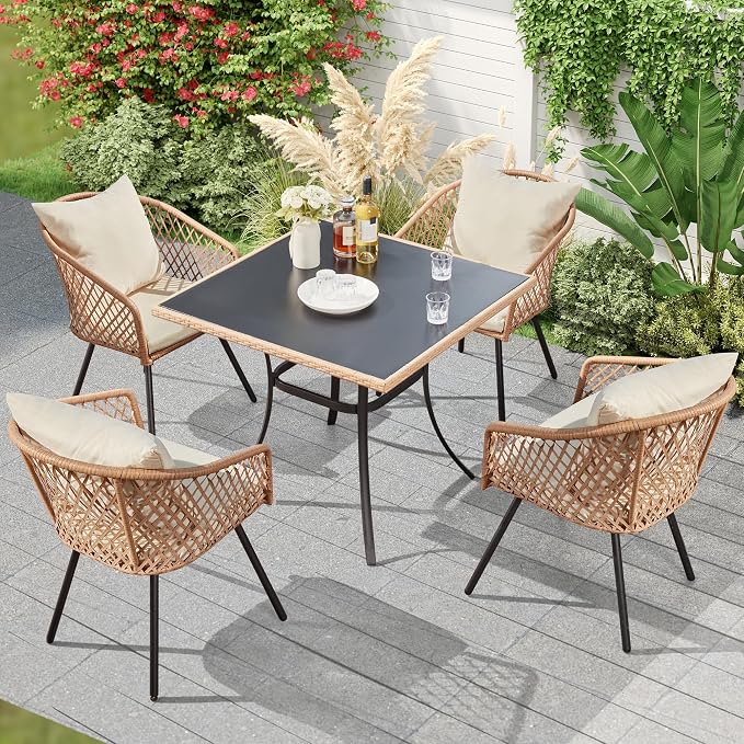 ECOTOUGE 5-Piece Outdoor Dining Table Chair Set, All-Weather Wicker Dining Set for 4, 4 Cushioned Chairs & Glass Table for Garden, Deck, Backyard(Yellow/White)