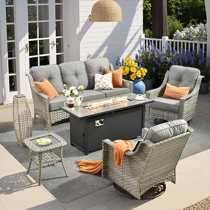 HOOOWOOO Patio Furniture Set,5 Pieces Wicker Outdoor Furniture,High Back Conversation Set with All Weather Resistant Fire Pit Table Couch Swivel Chairs,Dark Gray