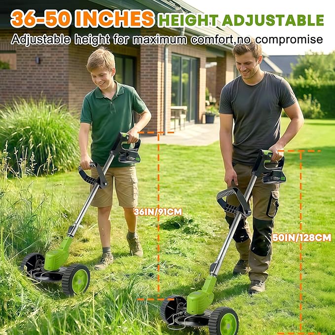 Cordless Electric Weed Wacker with Wheels, 3-in-1 Grass Trimmer & Brush Cutter & Lawn Edger, 3 Types Blade, 2X2000mAh Batteries, Lightweight String Trimmer for Garden and Yard Lawn, Gifts for Seniors