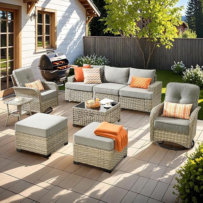 9 Pcs Outdoor Sectional Patio Furniture Set with Swivel Rocking Chair and Ottomans - All Weather Wicker Outside Sectional Couch,Patio Seating Outdoor Conversation Sets for Deck Yard Garden,Dark Grey