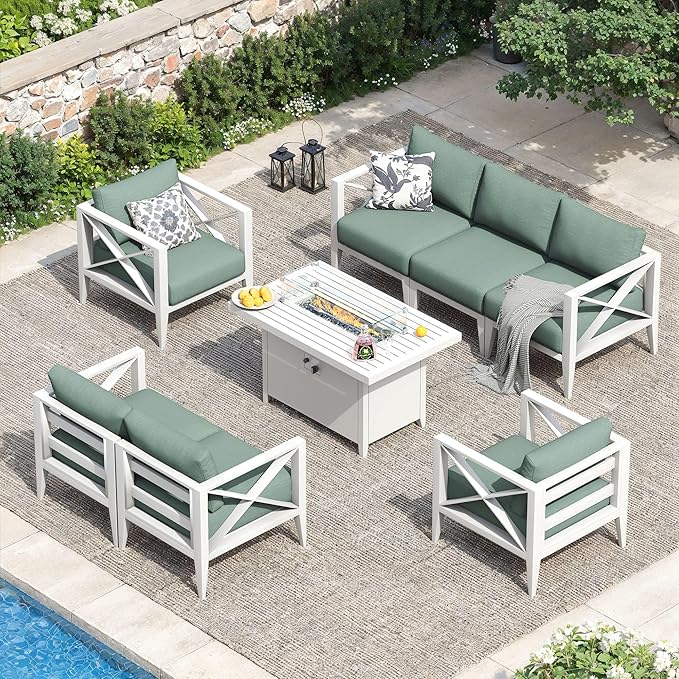 8-Piece Oversized Aluminum Patio Furniture Set with Fire Pit Table, Coffee Table & Weather-Resistant Outdoor Sofa — Luxe Outdoor Conversation Set for Deck, Garden, Poolside-White