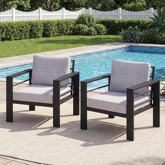 2 Pieces Outdoor Aluminum Armchair, Modern Patio Patio Furniture with 3.54” Wide Seat and Thick Cushions, All-Weather Outdoor Single Sofa for Deck, Porch