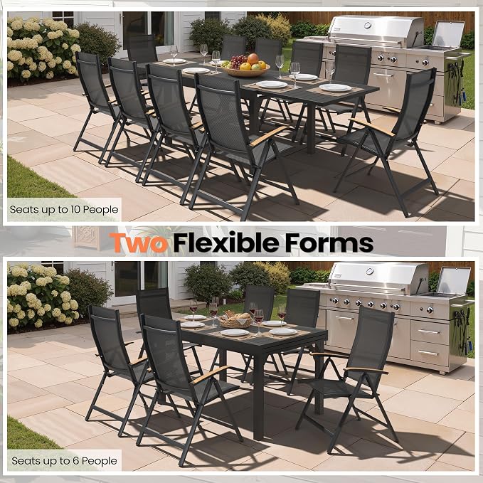 Pellebant 11 Pieces Aluminum Outdoor Dining Set for 6-10 Person, 53" - 106" Expandable Outdoor Dining Table and 10 Foldable Chairs, Weather Resistant Outdoor Furniture Set for Deck, Porch & Backyard