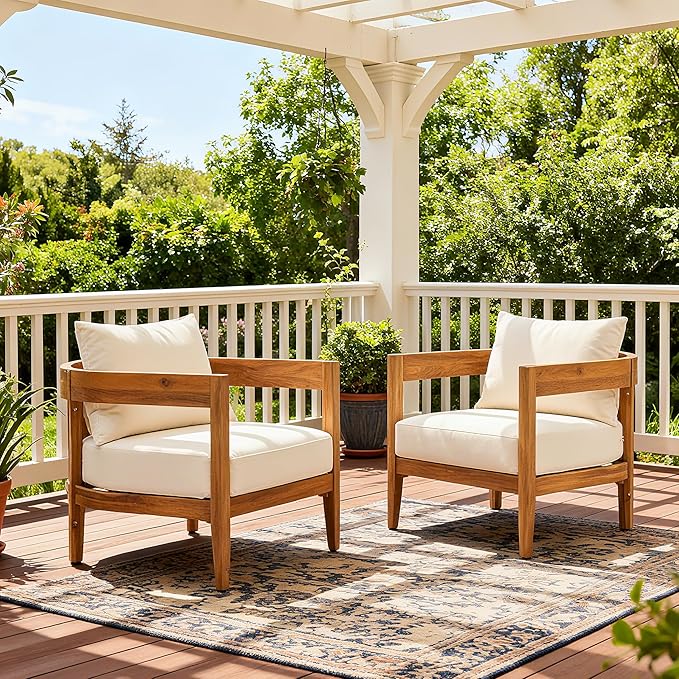 Merax Set of 2 Outdoor Acacia Wood Frame 2pcs Chairs with Cushions for Patio,Garden