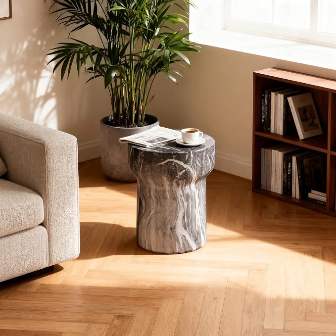 Outdoor Side Table Round Faux Marble Side Table Barrel End Tables Cement Accent Tables Patio Small Cofee Table Garden Stool for Porch, Backyard Balcony,15.55",Grey, Weather Resistant, MgO