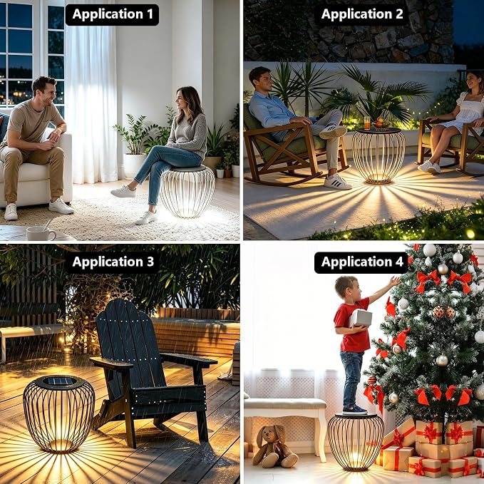 LED Outdoor Side Table, 18 Inch Metal Cage Patio End Table with Bottom LED Light, Solar Powered, 2-in-1 Multi-Purpose Stool, Waterproof Garden Furniture for Balcony Poolside Backyard