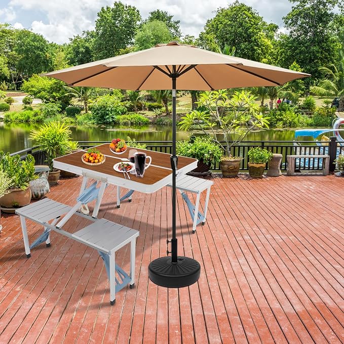 Picnic Table,Folding Picnic Table with Umbrella Hole, Aluminum Suitcase Portable Outdoor Table with Bench, Patio, Porch or Camping Table and Chair Set (Wood Color, Aluminum Alloy)