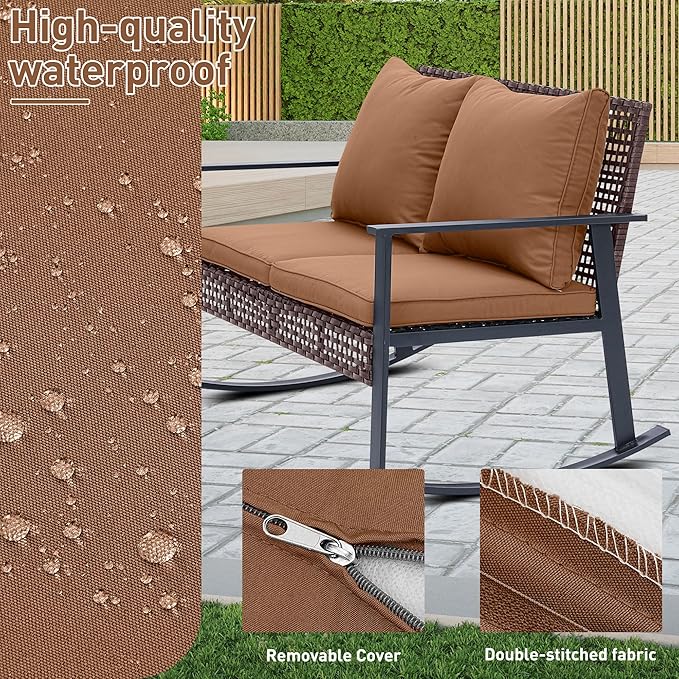 Ainfox Patio Furniture Set 4 Pieces, Patio Wicker Rattan Swivel Rocker, Outdoor Swivel Rocking Chairs Set with Loveseat, Garden Conversation Bistro Sets for Porch, Pool, Backyard Brown