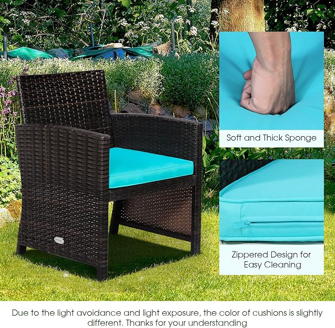 Tangkula 3 Pieces Outdoor Wicker Conversation Set with Waterproof Cover, 2 Patio Rattan Cushioned Chairs with Side Storage Table, Suitable for Front Porch, Balcony, Garden, Poolside (Turquoise)