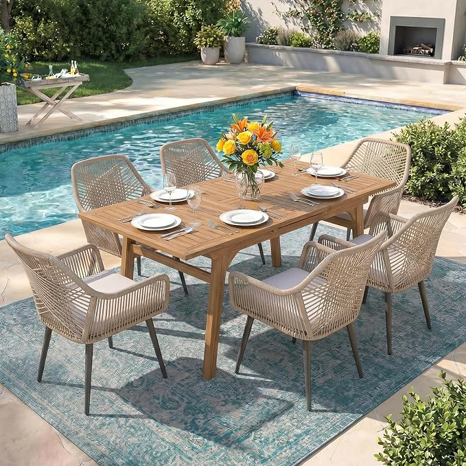 Patiorama 7-Piece Dining Set, Outdoor Dining Table Chair Set, Patio Wicker Dining Table Chair Set with 55"-71" Acacia Wood Expandable Table & Twisted Rattan Chairs for Yard Garden(Tan & Cross Back)