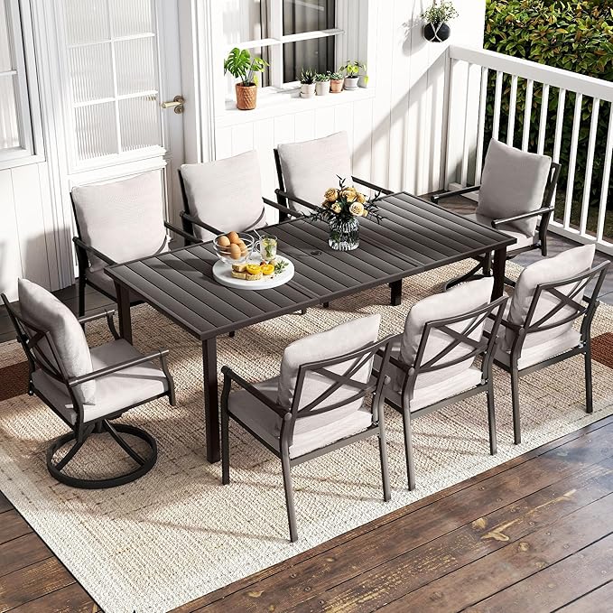 HAPPATIO Patio Dining Set, Powder-Coated Metal Outdoor Table and Chairs Set for 8, 6 Chairs and 2 Swivel Rockers with Thick Cushions, 80" Rectangular Table with 1.5" Umbrella Hole for Deck Yard