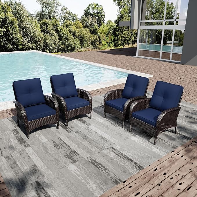 Joyside Wicker Patio Chairs, 4 Piece Rattan Outdoor Furniture with Thickened Cushions, High Back, Deep Seating, Wide Armrest, Outdoor Chairs for Porch, Deck