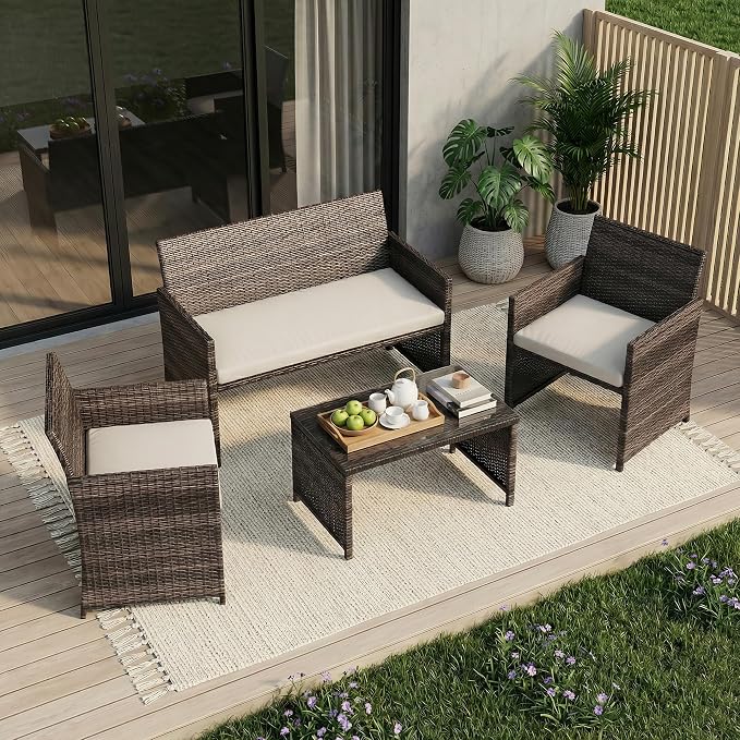 Garvee 4-Piece Patio Furniture Set, PE Rattan Outdoor Conversation Set with Cushions & Tempered Glass Table, All-Weather Wicker Patio Table and Chairs Set for Patio, Porch, Backyard, Brown and Beige