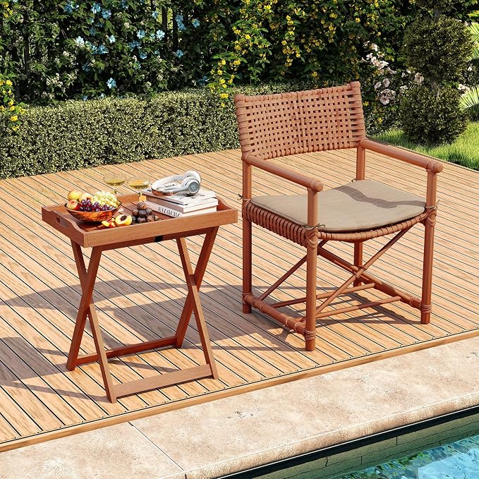 HAPPYGRILL Outdoor Wood Tray Table Folding Patio Side Table with Removable Top, Portable Bistro Table for Garden Backyard Balcony Poolside (2)