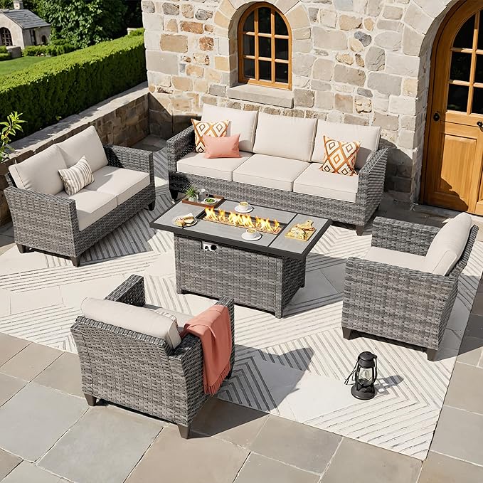 ovios 5 Pieces Patio Furniture Set, Outdoor Wicker Rattan Sofa Couch with 42" Fire Pit Table, Loveseat Chairs, Conversation Sets for Yard Porch Garden, Beige