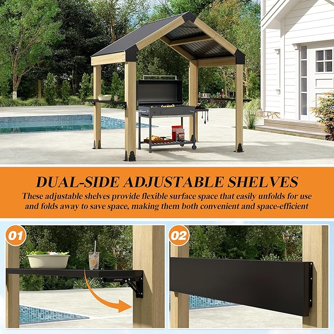 GARTOO 7.7'x5.7' Outdoor Grill Wood Gazebo - Hardtop Gazebo with 2 Side Shelves, Solar Light and Galvanized Steel Roof, Patio Wooden BBQ Pergola for Garden, Porch and Backyard
