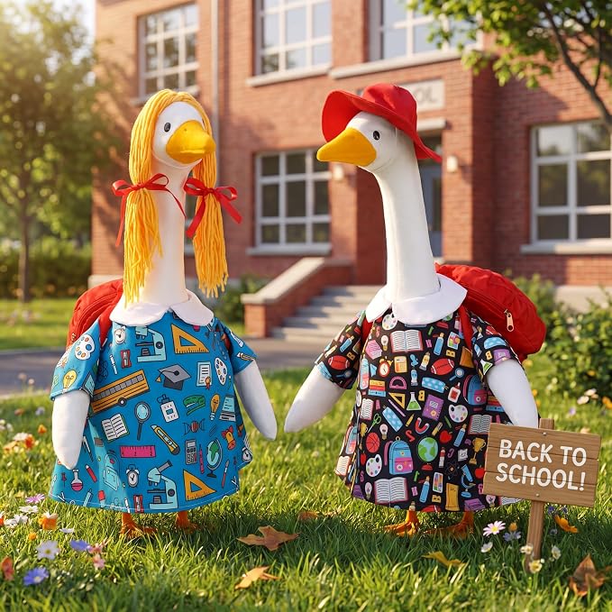 Abbylike 2 Set Back to School Porch Goose Outfit Student Goose Clothes with School Bag Fits 23'' Cement for Classroom Yard Patio Lawn Garden Pathway Statue Decoration