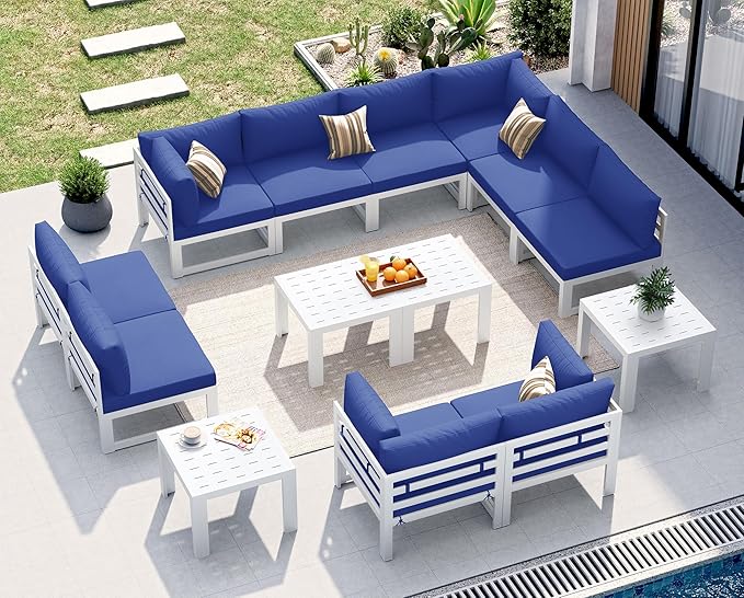 NICESOUL 14 Piece Extra Large Contemporary Aluminum Outdoor Furniture Set with End Table 29" Deep Wide Couch Set, 500 lbs High Weight Capacity Modular Patio Sectional Sofa for Poolside Deck, Navy Blue