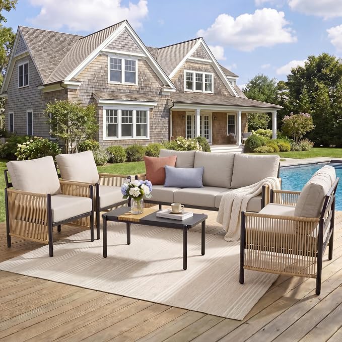 Aluminum Patio Furniture Set, 7 Seats Outdoor Patio Furniture with Coffee Table, Outdoor Wicker Conversation Sets with Cushion for Backyard, Balcony,Porch,Light Grey