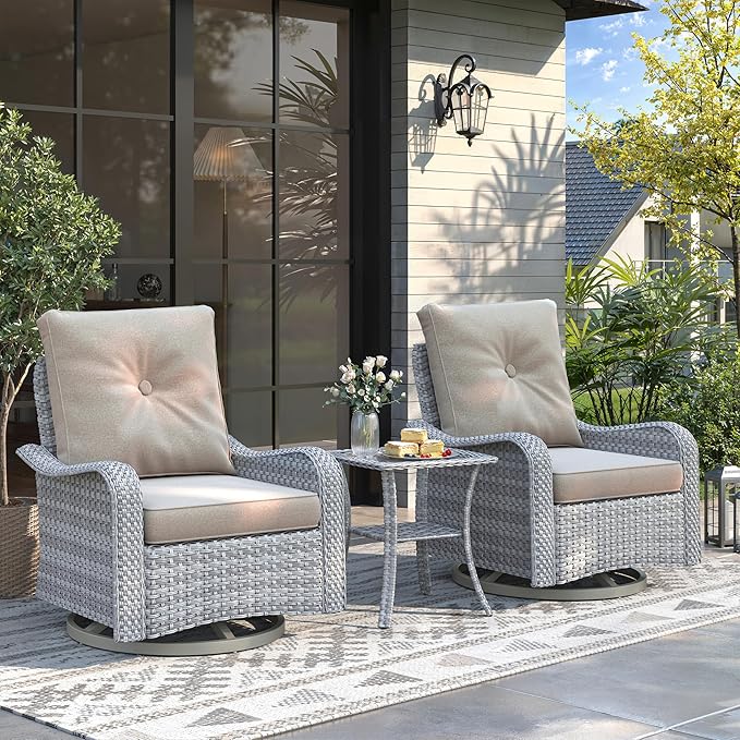 3 Piece Wicker Patio Furniture Set, Swivel Rocking Chairs with 4''Cushions, PE Rattan, Rust Resistant Frame, Double Layer Glass Side Table, for Backyard, Deck or Balcony, Beige