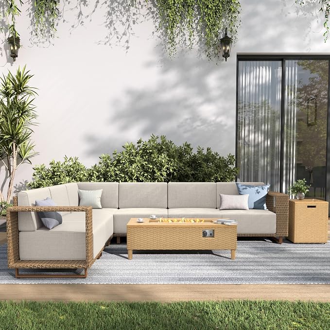 SUNSHINE VALLEY Patio Furniture Set with Fire Pit, Sectional Outdoor Conversation Sets with 10" Thick Cushions, 7 Pieces L Shaped Modular Yellow Rattan Wicker Sofa, Low Profile Lawn Garden Couch Set