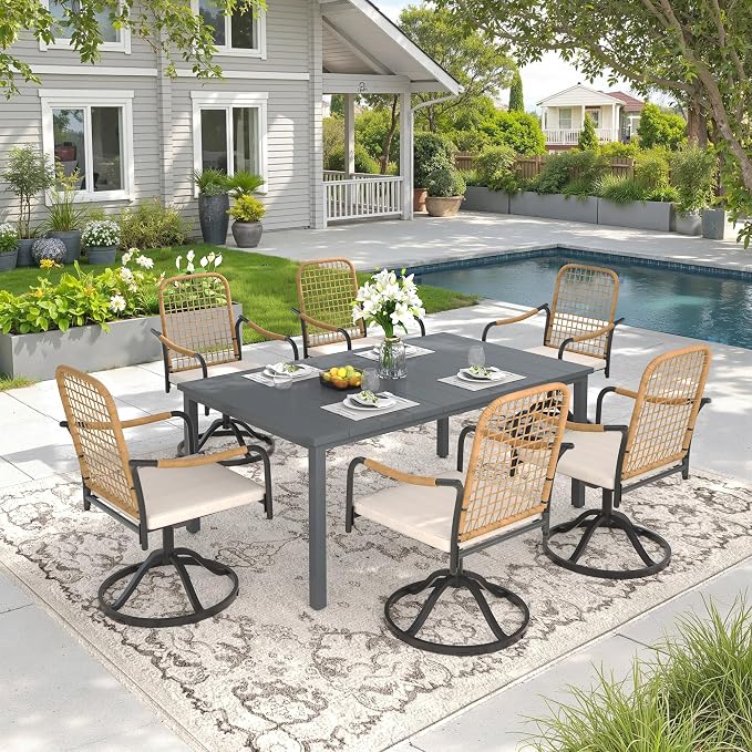 DIFY 7 Pieces Outdoor Dining Set, Metal Patio Table and Chairs Set for 6, 63" Rectangle Dining Table with Umbrella Hole & Wicker Swivel Patio Chairs with Cushions, Grey Tabletop