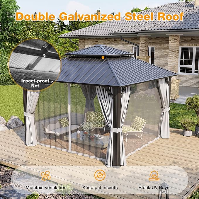 12x12FT Hardtop Gazebo, Metal Frame with Double Galvanized Steel Roof, Permanent Outdoor Pergola with Curtains and Netting Included for Backyard, Patio, Lawn and Garden, Gray
