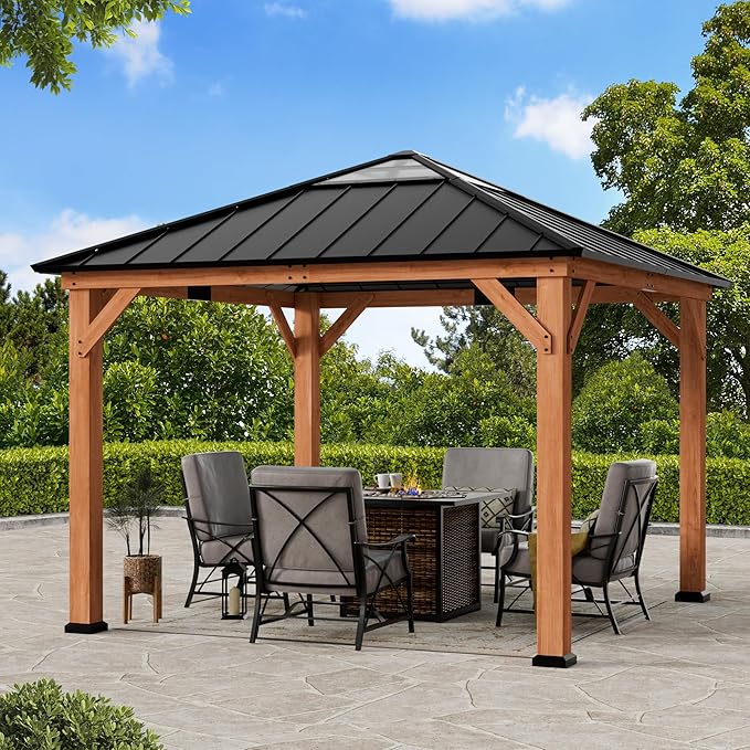 Modern Shade Tranquil Grove Wood Gazebo 11' x 11', Hardtop Gazebo Permanent with Galvanized Steel Roof, Cedar Outdoor Gazebo with Sturdy Hooks for Garden, Backyard, Patio and Deck