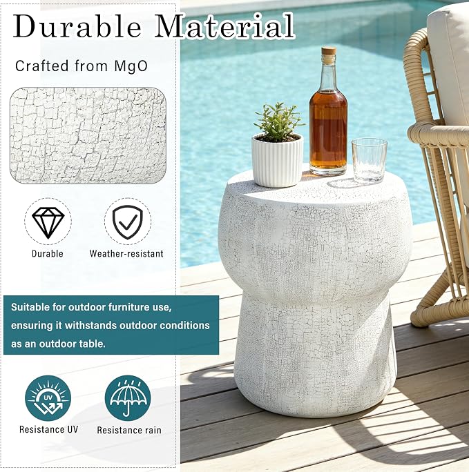 Outdoor Side Table Round Patio Concrete End Table Faux Stone Side Tables Travertine Small Coffee Tables for Outdoor, Garden Stool Plant Stand for Porch Backyard, 14.37" Mushroom Cement