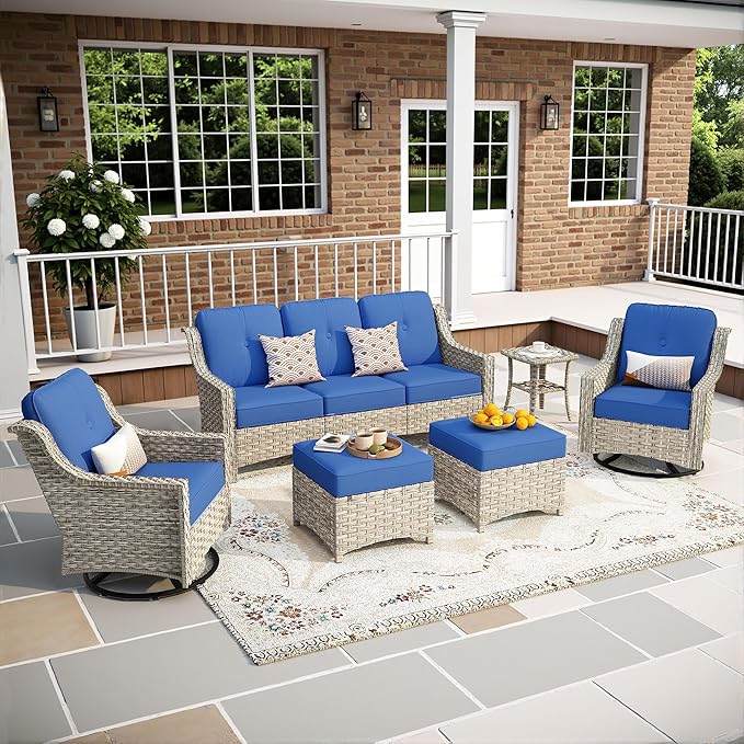 6-Piece Patio Furniture Set, Outdoor Conversation Set Sectional Sofa with Rocking Chairs and Water Resistant Cushions, Blue