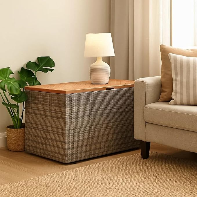Benzara Gia Outdoor Garden Storage Box, Brown Wood Lid, Gray, 43 Inch